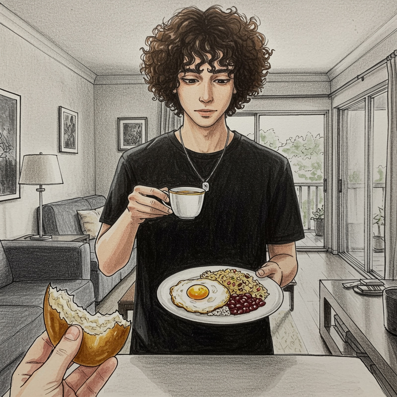 Young Man Enjoying Family Meal Sketch Young Man Enjoying Family Meal Sketch