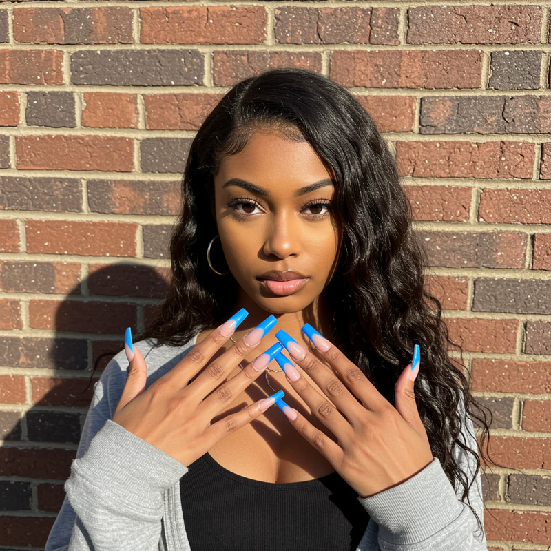 Stunning Long Blue French Tip Coffin Nails Stunning Long Blue French Tip Coffin Nails