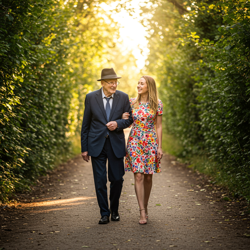 Elderly Man and Young Woman Strolling in the Park Elderly Man and Young Woman Strolling in the Park