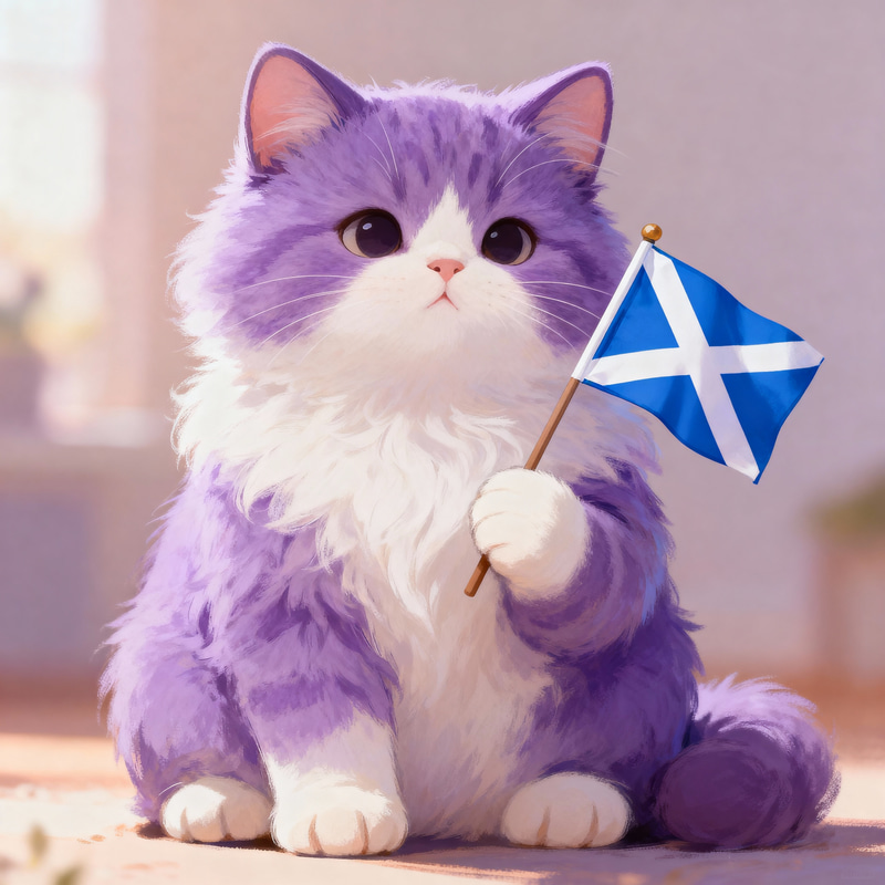 Purple and White Cat with Scotland Flag