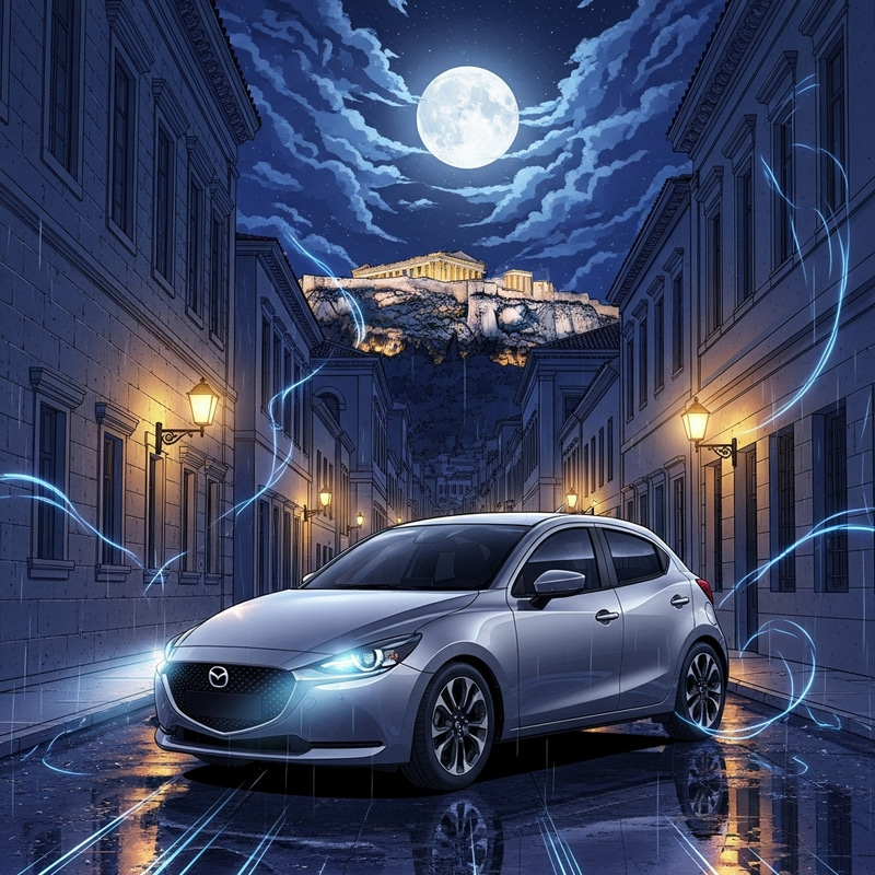 Silver Mazda2 2024 in Enigmatic Athens Night Silver Mazda2 2024 in Enigmatic Athens Night