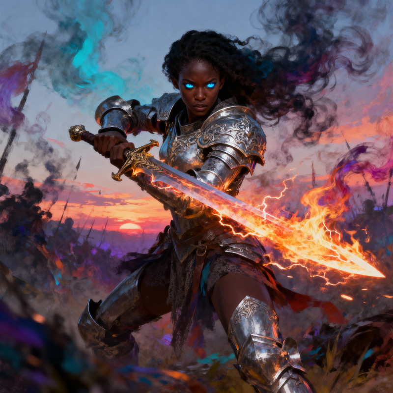 Thrilling High Fantasy Scene: Fierce Warrior in Battle