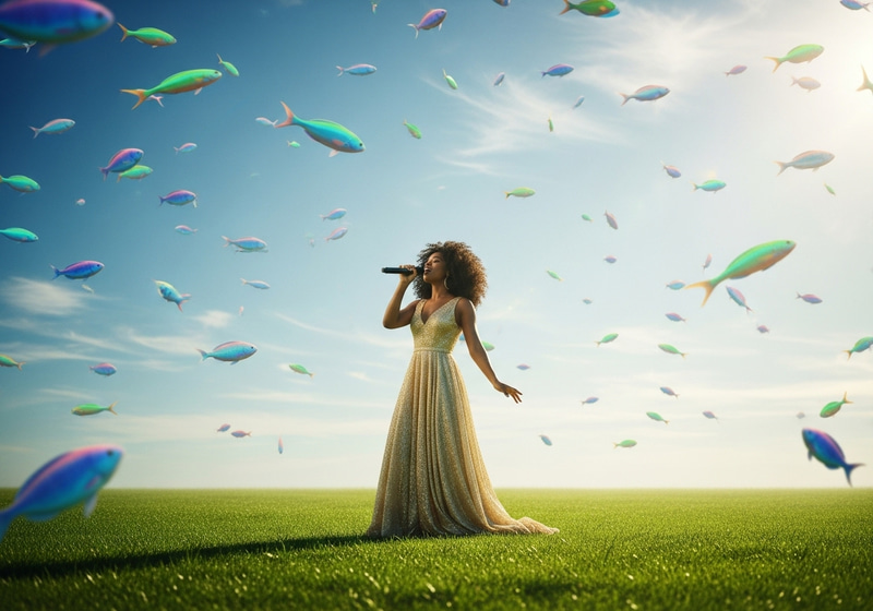 Singer in Grass Field with Fish in the Sky