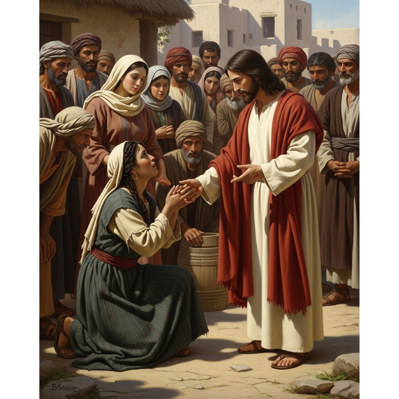 Jesus Heals a Woman - Biblical Scene Jesus Heals a Woman - Biblical Scene