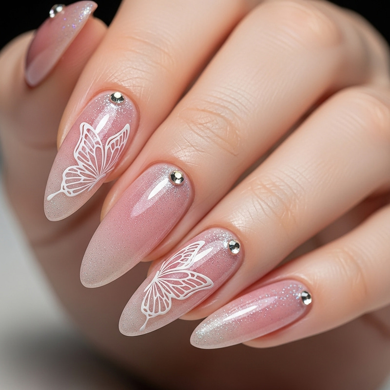 Stylish Almond Acrylic Nails with Butterfly Design Stylish Almond Acrylic Nails with Butterfly Design