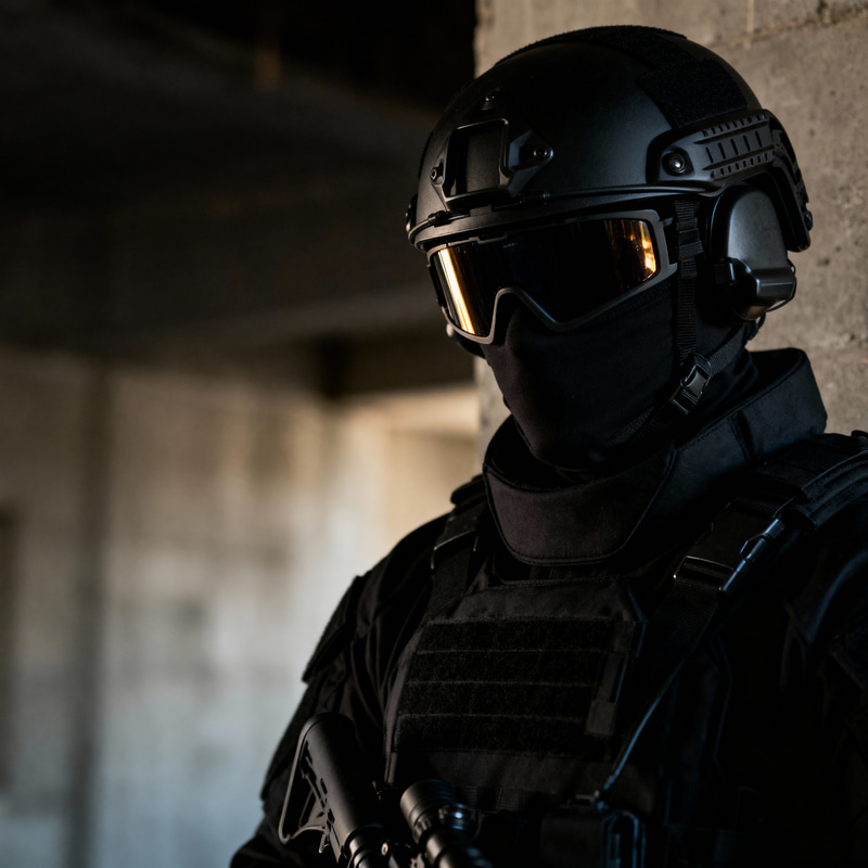 Sniper in Black Armored Suit with Visor Helmet Sniper in Black Armored Suit with Visor Helmet