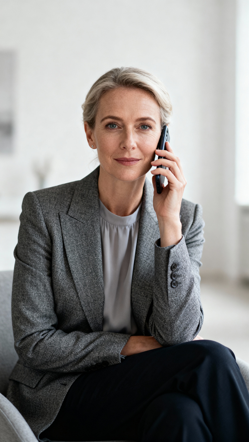 Professional Woman on Phone in Neutral Setting