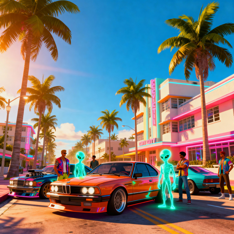 GTA Vice City Morning Street Scene with Modified Cars