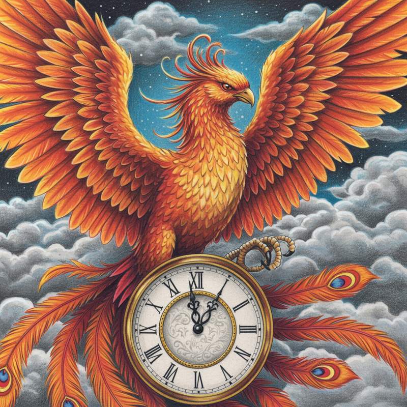 Phoenix Drawing with Clock at 12 O'Clock Phoenix Drawing with Clock at 12 O'Clock