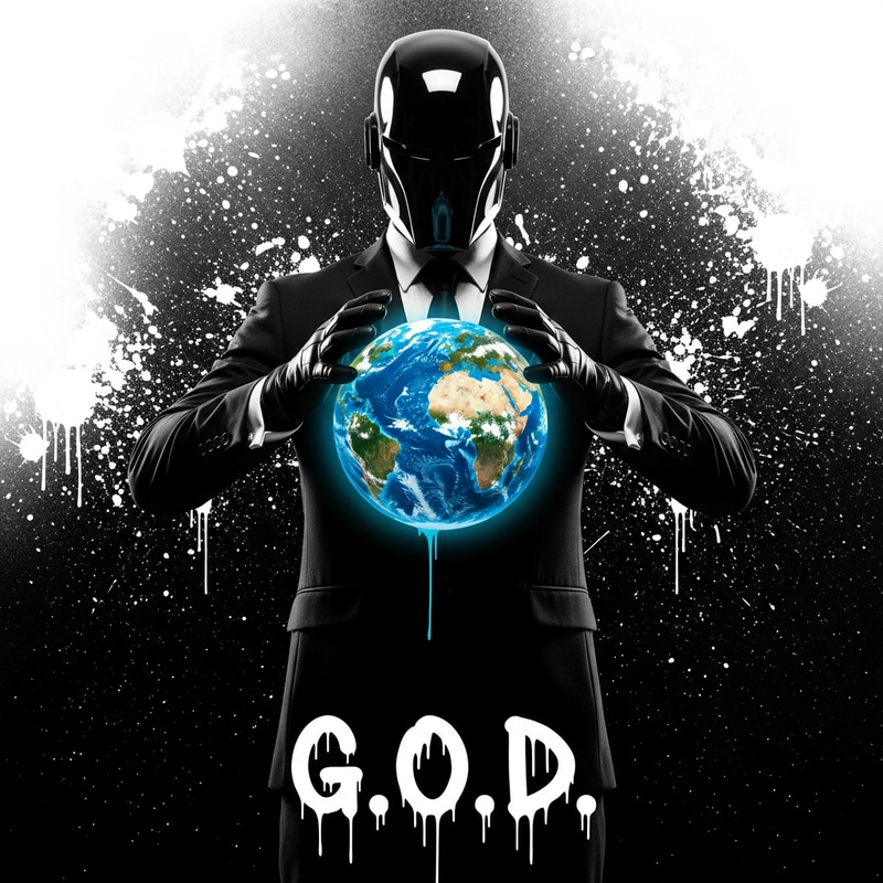 Mysterious Figure Holding Earth: G.O.D. Artwork Mysterious Figure Holding Earth: G.O.D. Artwork
