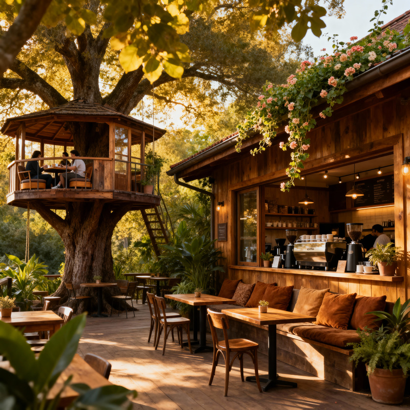 Cozy Coffee Shop Amidst Verdant Greenery