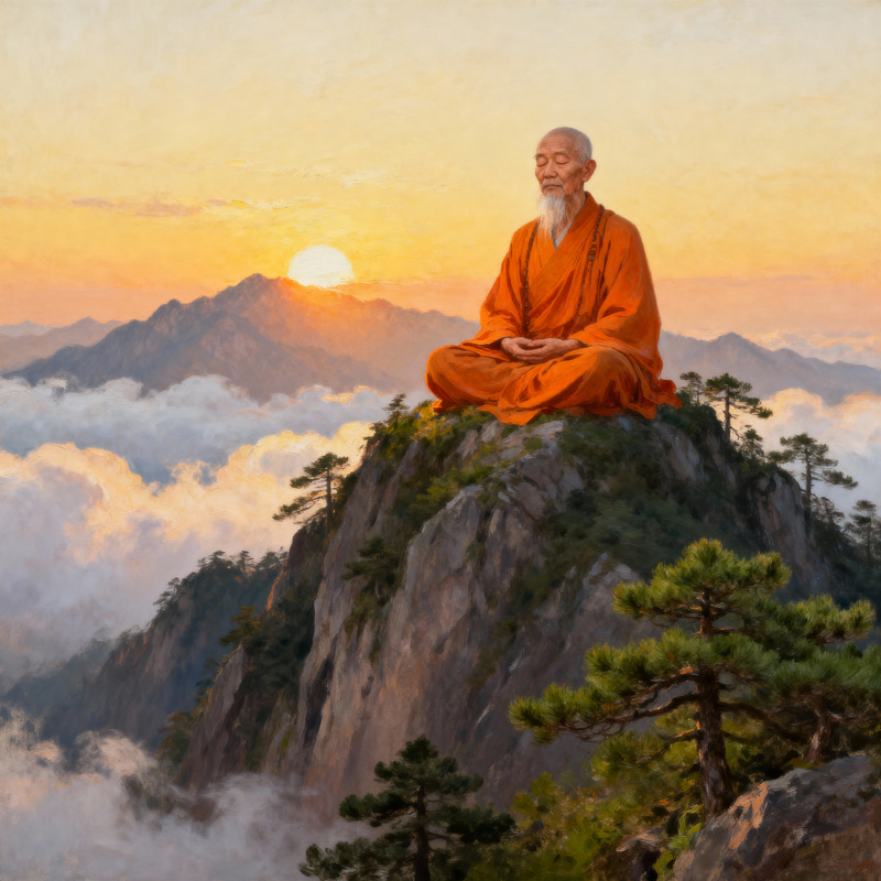 Elderly Asian Monk Meditating on a Majestic Mountain Elderly Asian Monk Meditating on a Majestic Mountain