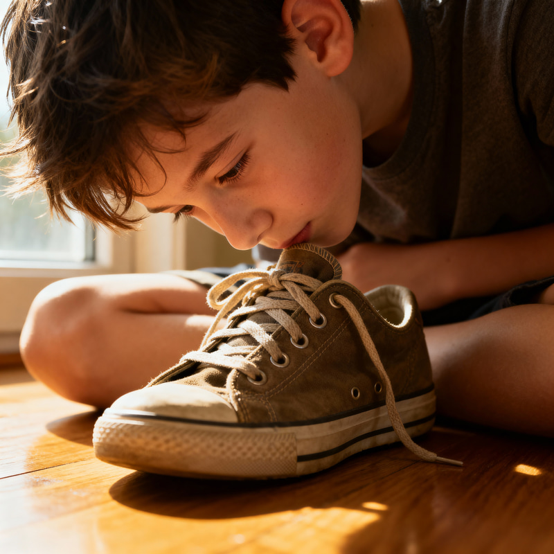 Boy Smelling His Shoes - A Fun Moment Boy Smelling His Shoes - A Fun Moment