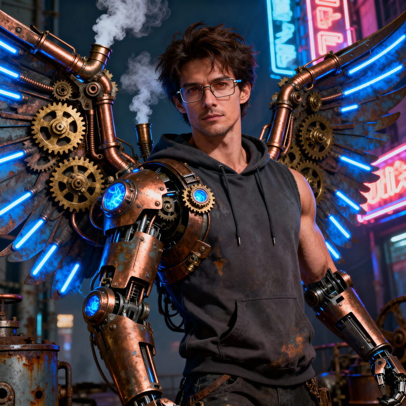 Cyberpunk Male with High-Tech Wings and Hoodie Cyberpunk Male with High-Tech Wings and Hoodie