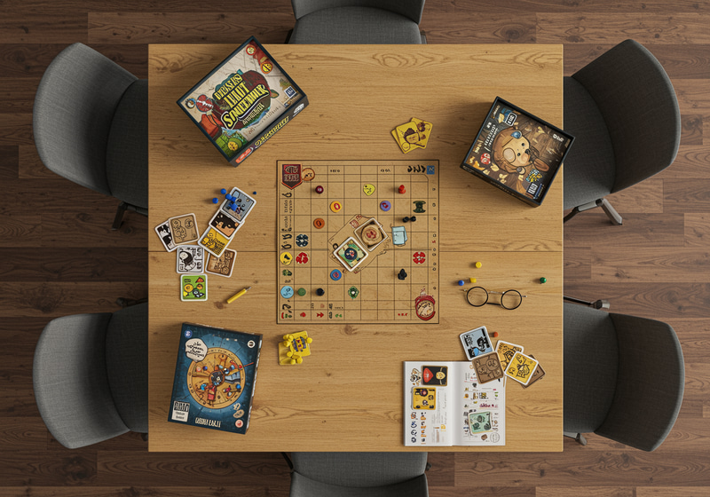 Overhead View of Table and Chairs with Board Game Accessories Overhead View of Table and Chairs with Board Game Accessories