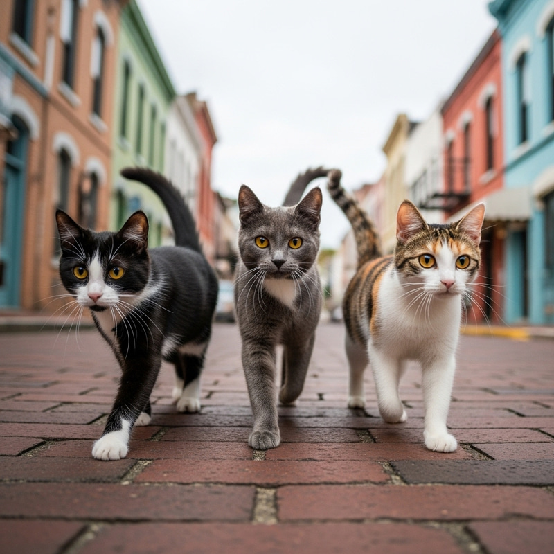 Adorable Cats Walking on the Street Adorable Cats Walking on the Street