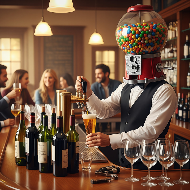 Candy-Head Bartender Serving Beer & Wine Candy-Head Bartender Serving Beer & Wine