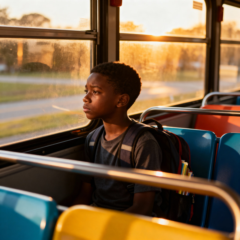 Melancholic Moments: A Boy on an Empty School Bus