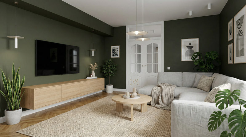 Modern Scandinavian Style with Dark Olive Walls
