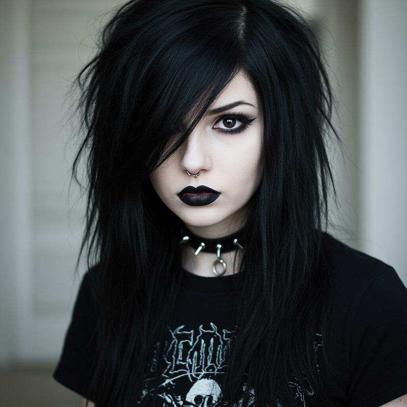 Stunning Emo Portrait: Young Woman with Jet-Black Hair Stunning Emo Portrait: Young Woman with Jet-Black Hair