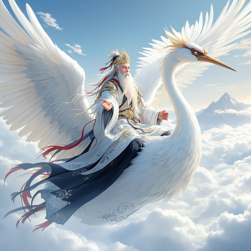Majestic Taoist Immortal Flying on a White Crane Majestic Taoist Immortal Flying on a White Crane