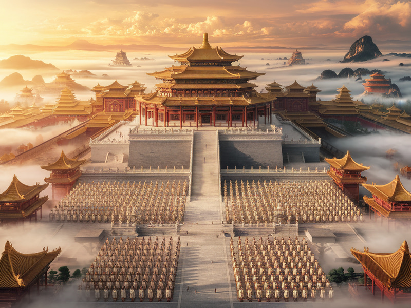 Stunning Taoist Celestial Palace in Ethereal Landscape Stunning Taoist Celestial Palace in Ethereal Landscape