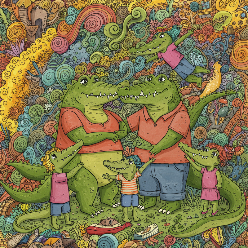 Doodle Art: Crocodile Family with Human Bodies