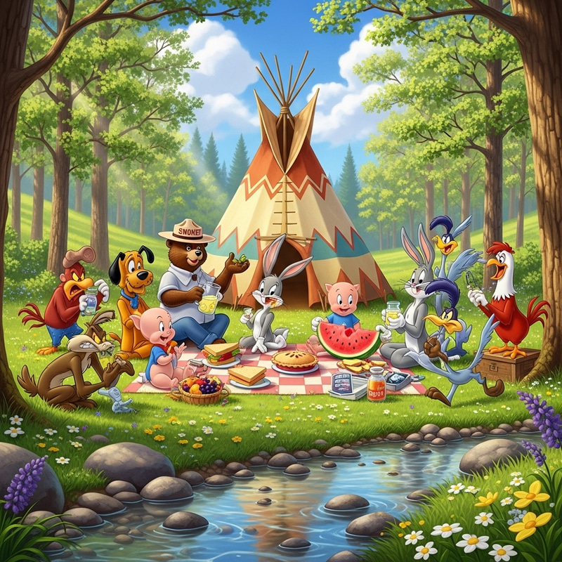 Spring Picnic with Cartoon Icons in a Tipi Spring Picnic with Cartoon Icons in a Tipi