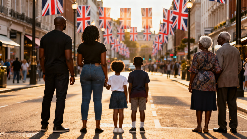 Urban Family Scene with British Flags