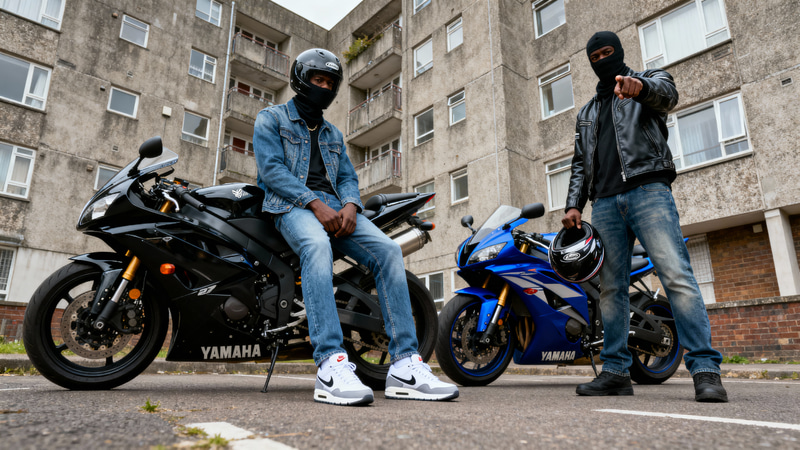 Urban Black Biker on 2003 Yamaha R6 in Brixton Urban Black Biker on 2003 Yamaha R6 in Brixton