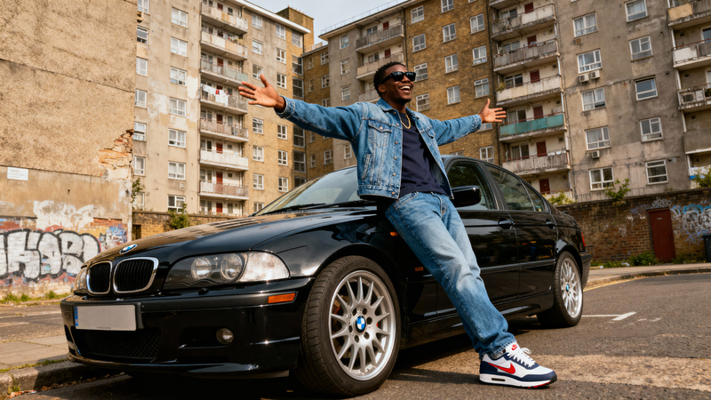 Confident Man by Black BMW in Brixton