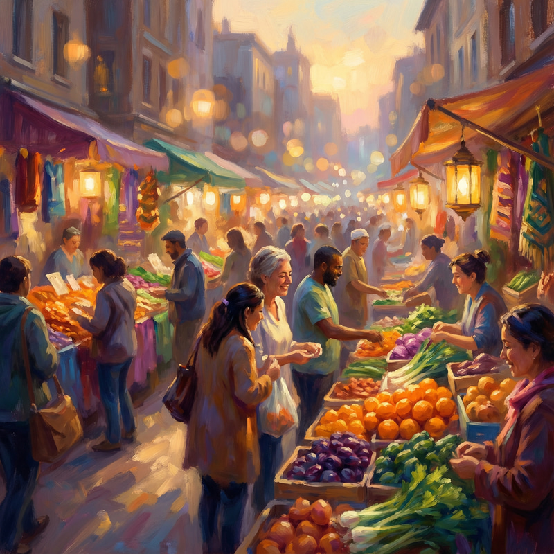 Vibrant Dusk Street Market Scene in Impressionistic Style