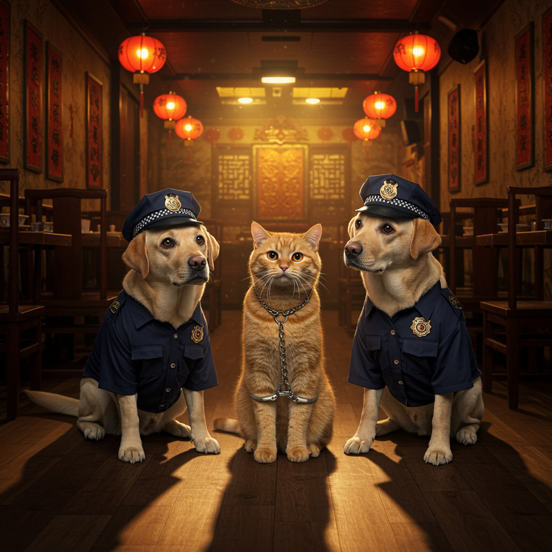 Humorous Cat Arrested by Police Dogs in Chinese Restaurant Humorous Cat Arrested by Police Dogs in Chinese Restaurant