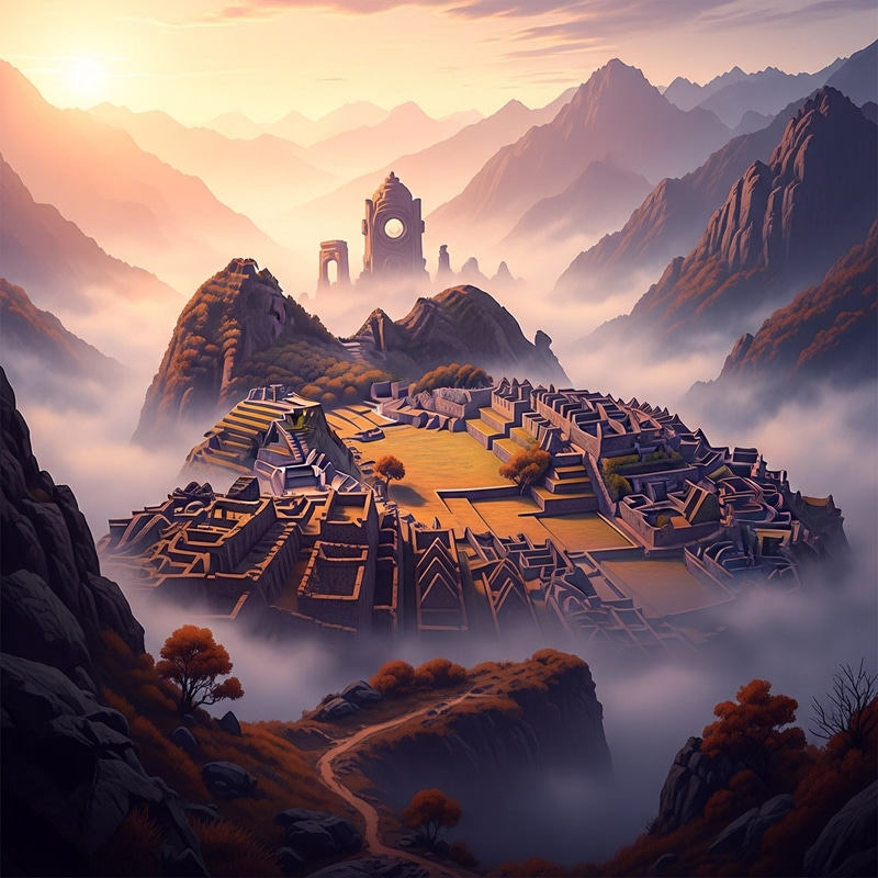 Mystical Mountain Landscape with Ancient Ruins Mystical Mountain Landscape with Ancient Ruins