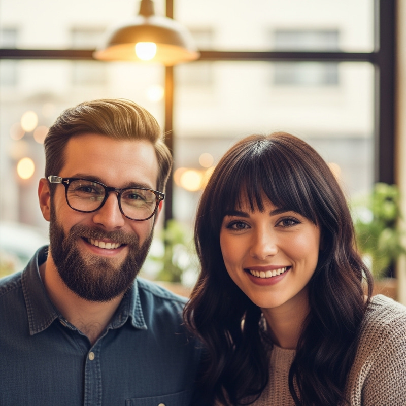Bearded Man with Glasses & Woman with Bangs Bearded Man with Glasses & Woman with Bangs