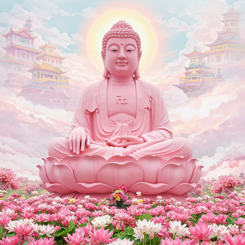 Stunning Pink Lotus Buddha Statue Surrounded by Flowers Stunning Pink Lotus Buddha Statue Surrounded by Flowers