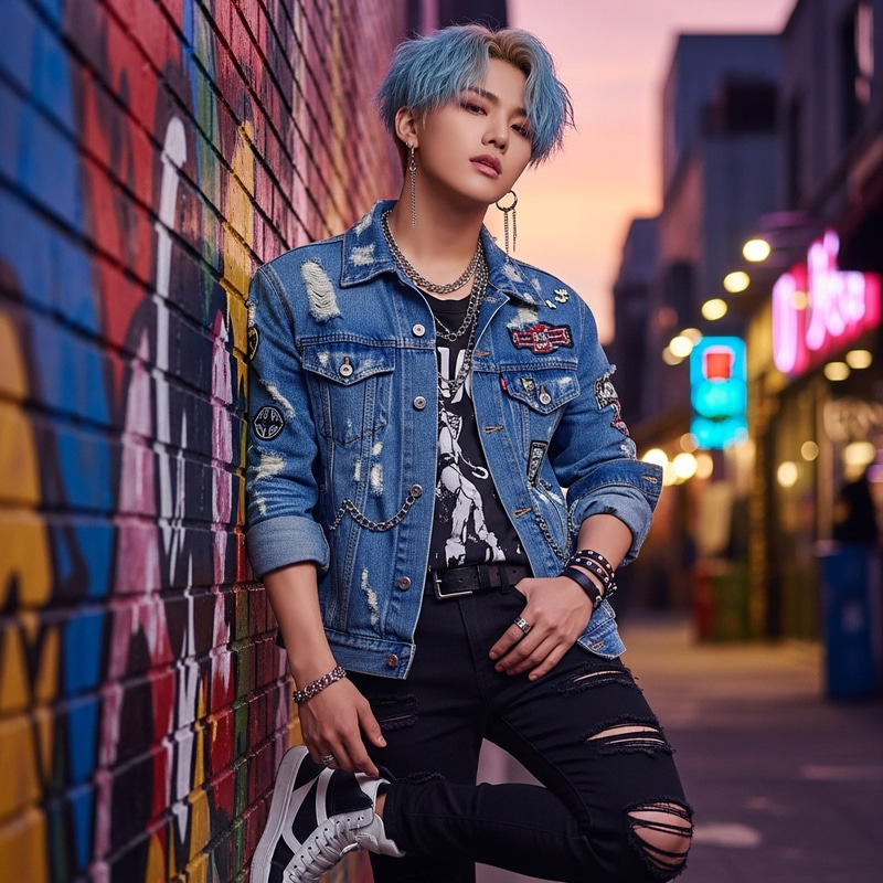 Stylish Korean Idol with Pastel Blue Hair