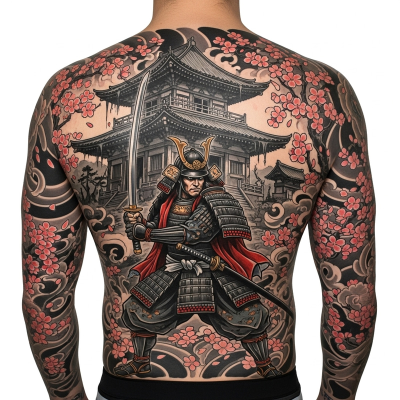 Stylish Japanese Tattoo with Samurai and Cherry Blossom Stylish Japanese Tattoo with Samurai and Cherry Blossom