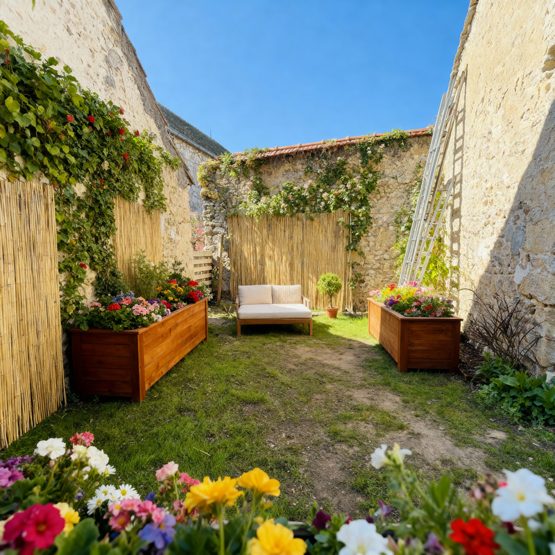 Charming Outdoor Patio with Wooden Planters Charming Outdoor Patio with Wooden Planters