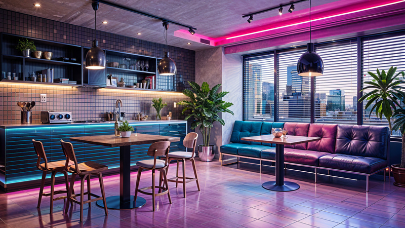 Retrowave Coffee Shop: Interior Design & Seating Retrowave Coffee Shop: Interior Design & Seating