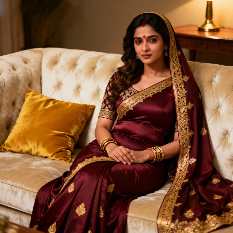 Realistic Indian Woman in Tight Saree on Sofa