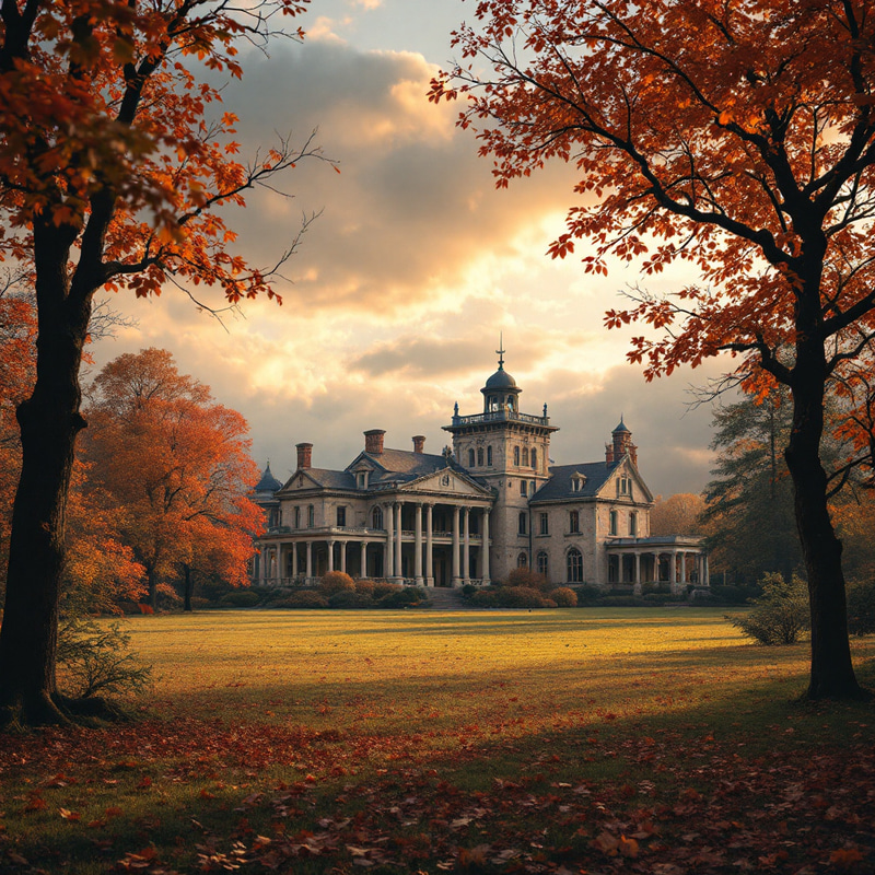 Stunning Mansion in Autumn: A Cloudy Golden Hour Stunning Mansion in Autumn: A Cloudy Golden Hour