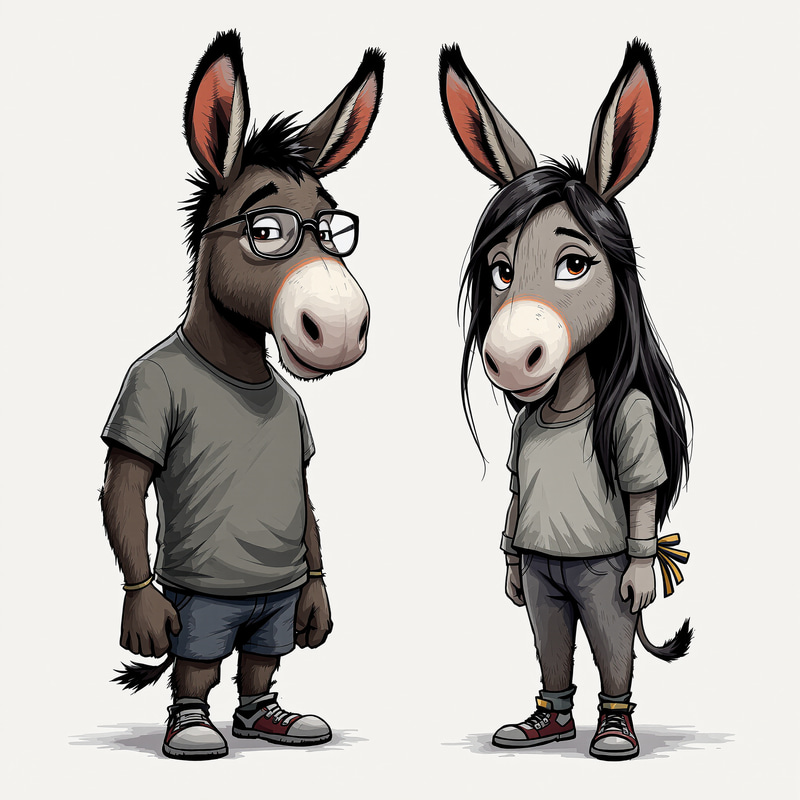 Two Unique Donkeys: Male in Glasses & Female with Style