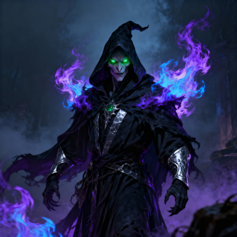 Evil Dark Wizard with Purple and Blue Flames Evil Dark Wizard with Purple and Blue Flames