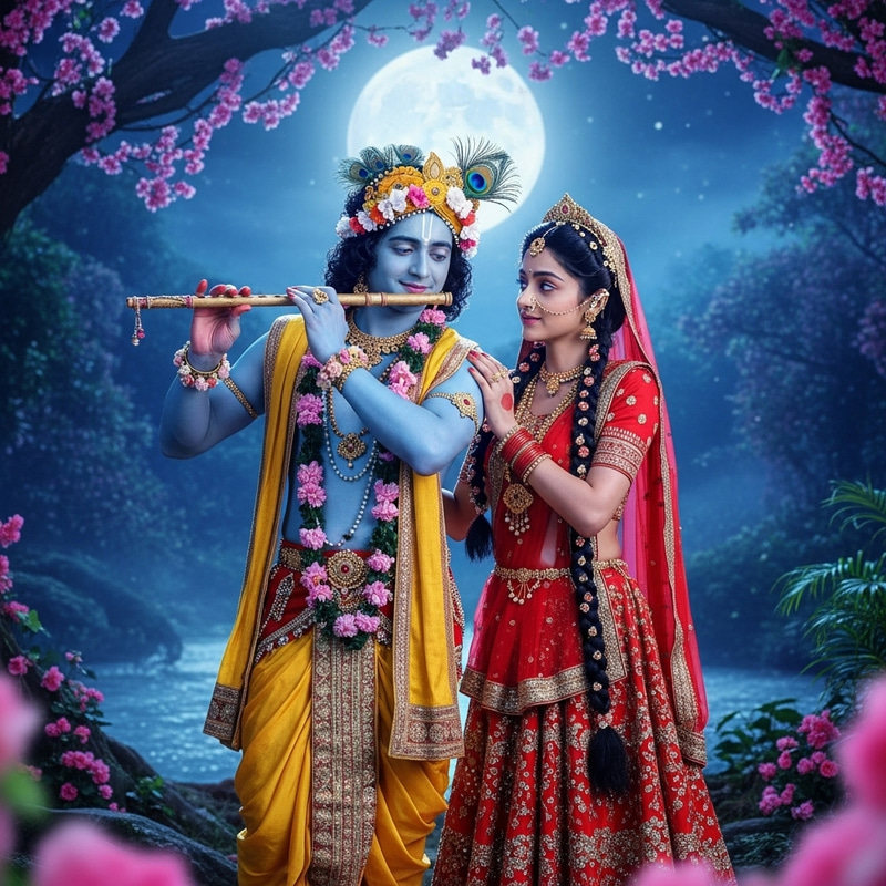 Radha and Krishna in Moonlit Forest Scene Radha and Krishna in Moonlit Forest Scene