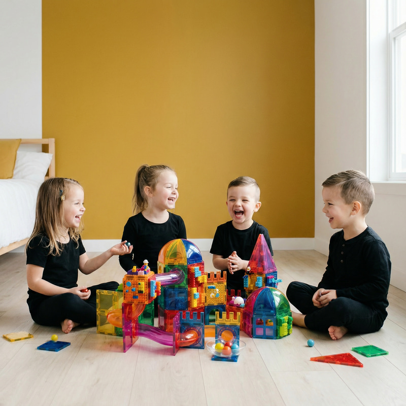 Kids Playing in Modern Bedroom with Yellow Wallpaper Kids Playing in Modern Bedroom with Yellow Wallpaper
