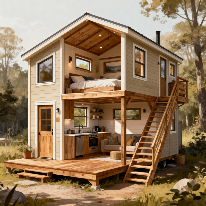 Charming Loft-Style Tiny House Illustration