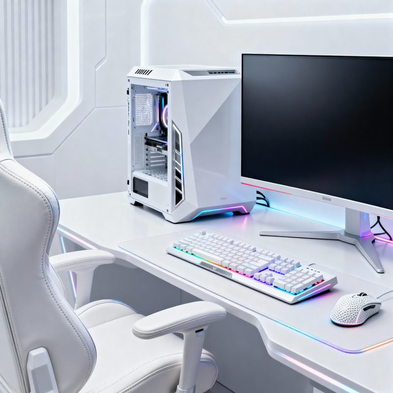 Futuristic White Gaming Setup with RGB Lighting Futuristic White Gaming Setup with RGB Lighting
