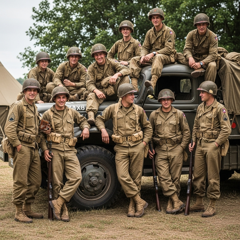 WWII US Soldiers at Camp: Iconic Group Photo