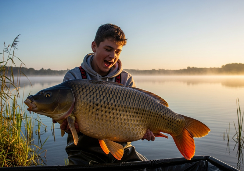14-Year-Old Boy with 30lb Carp at Foggy Lake 14-Year-Old Boy with 30lb Carp at Foggy Lake